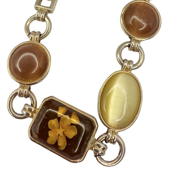 Vintage Brown & Gold Pressed Flower Chain link Bracelet 7.25" Cottagecore Boho - Picture 10 of 11